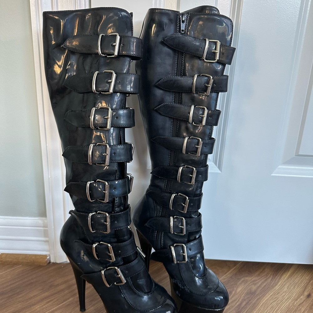 Pleaser Black Knee-High Buckle-Strap Stiletto Boots